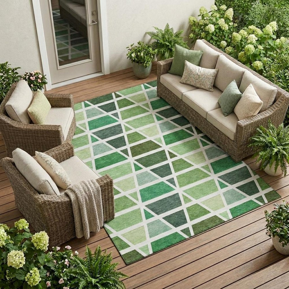 8' X 10' Green And White Geometric Washable Indoor Outdoor Area Rug — view 5