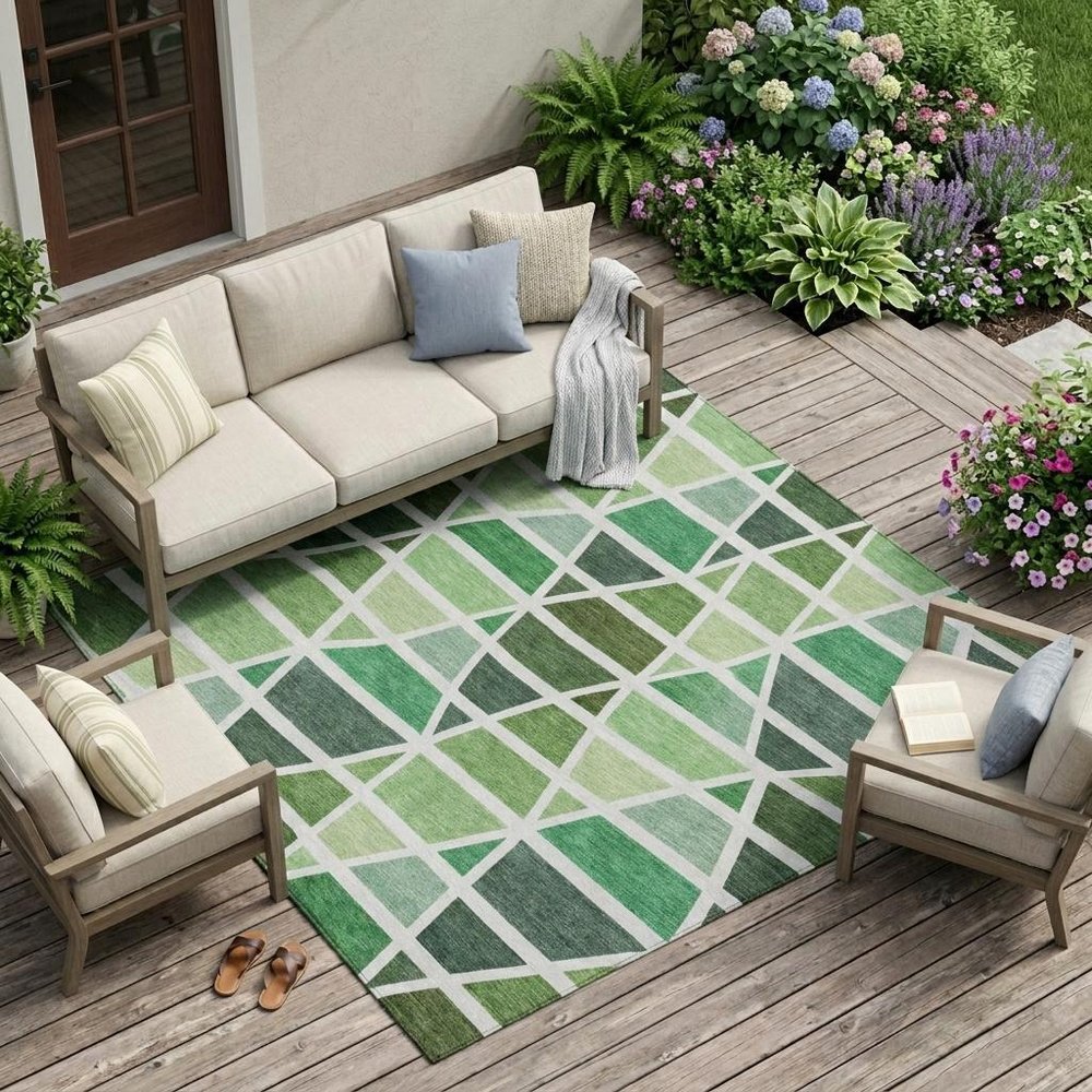9' X 12' Green And White Geometric Washable Indoor Outdoor Area Rug
