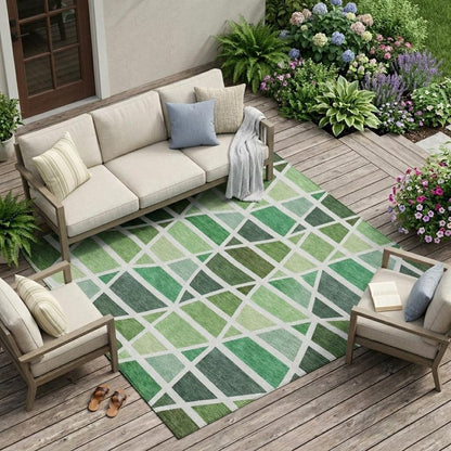 9' X 12' Green And White Geometric Washable Indoor Outdoor Area Rug