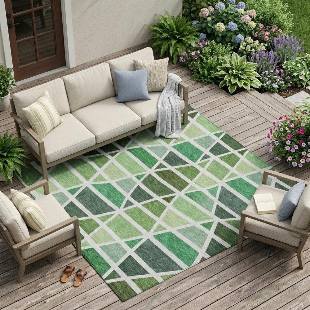 9' X 12' Green And White Geometric Washable Indoor Outdoor Area Rug — view 5