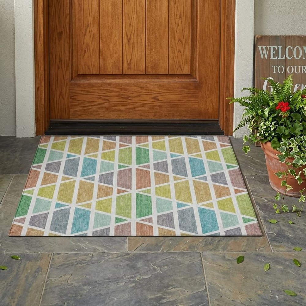 3' X 5' Mint Green And Green Geometric Washable Indoor Outdoor Area Rug HomeRoots