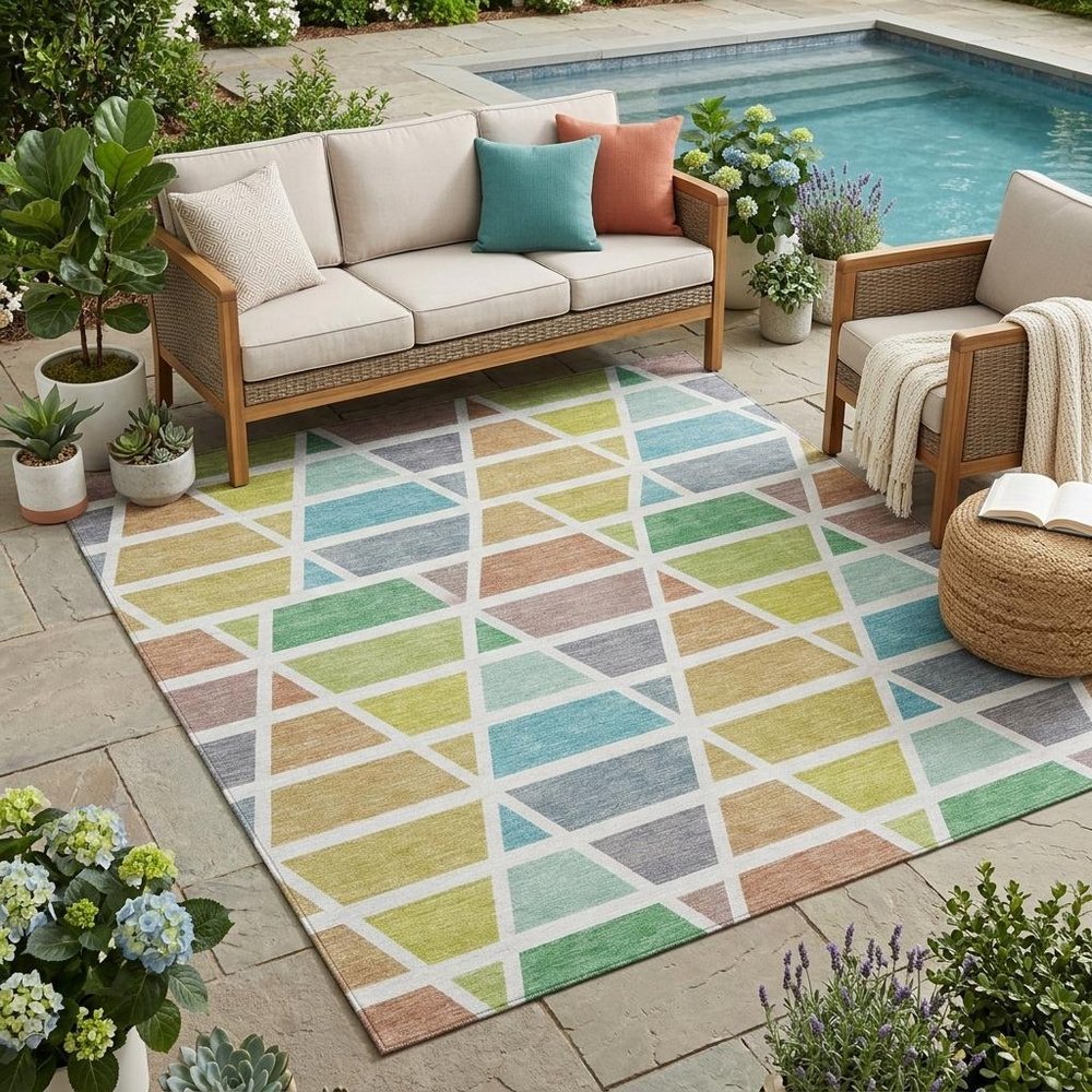 5' X 8' Mint Green And Green Geometric Washable Indoor Outdoor Area Rug HomeRoots