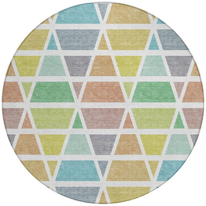 8' Mint Green And Green Round Geometric Washable Indoor Outdoor Area Rug