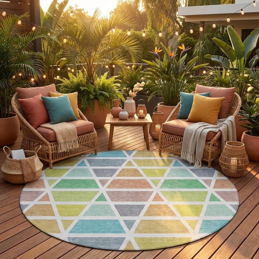 8' Mint Green And Green Round Geometric Washable Indoor Outdoor Area Rug — view 7