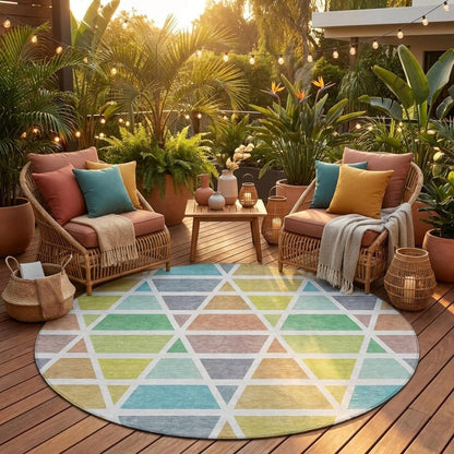 8' Mint Green And Green Round Geometric Washable Indoor Outdoor Area Rug
