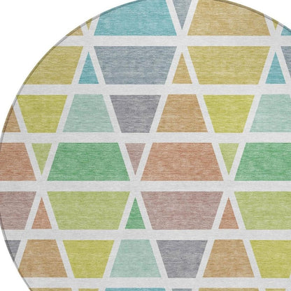 8' Mint Green And Green Round Geometric Washable Indoor Outdoor Area Rug