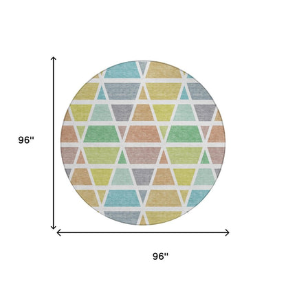 8' Mint Green And Green Round Geometric Washable Indoor Outdoor Area Rug