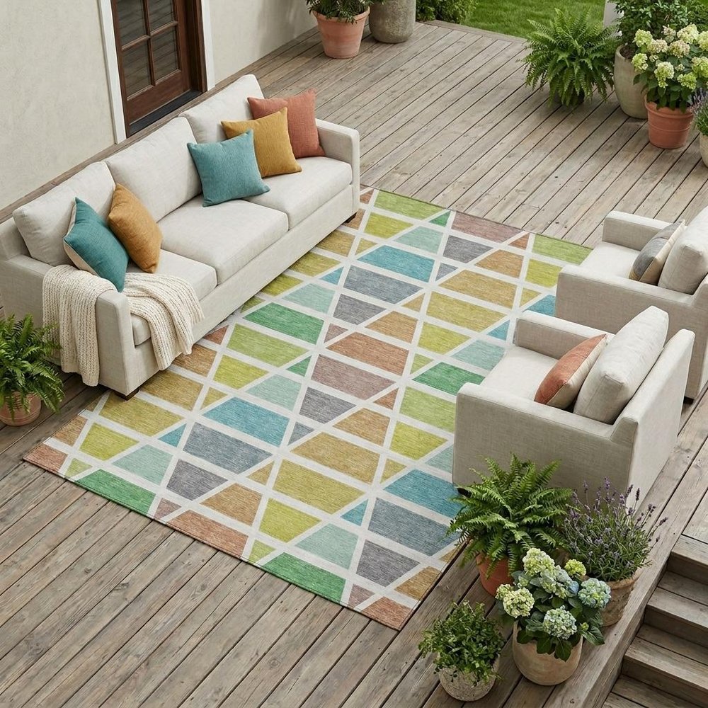 10' X 14' Mint Green And Green Geometric Washable Indoor Outdoor Area Rug — view 5