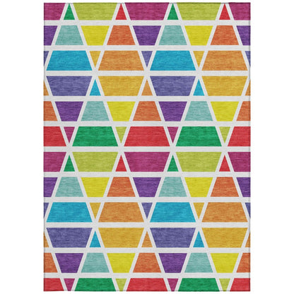 5' X 8' Orange And White Geometric Washable Indoor Outdoor Area Rug