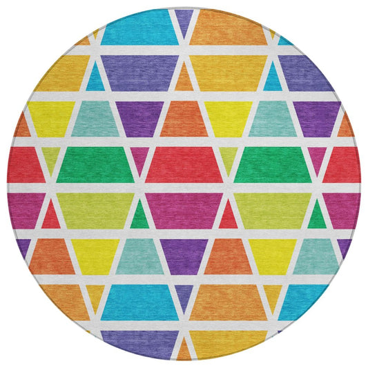 8' Orange And White Round Geometric Washable Indoor Outdoor Area Rug