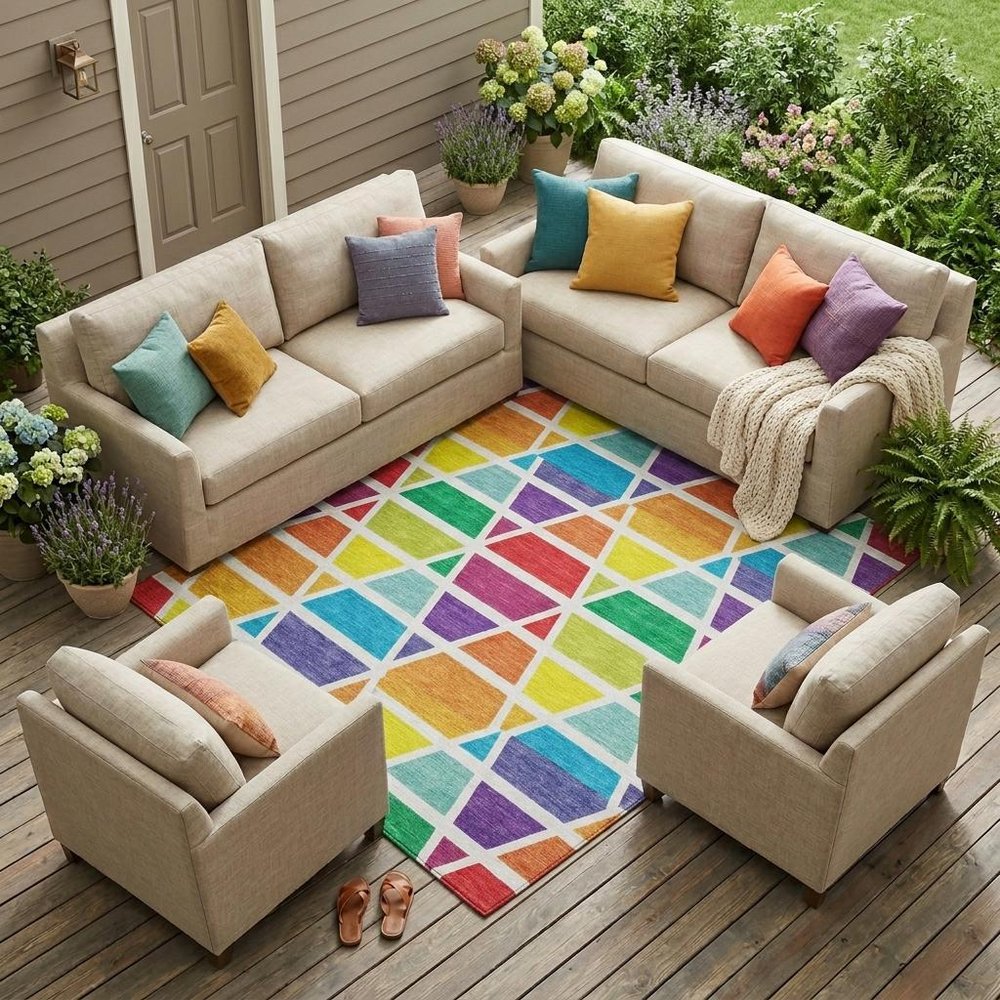 9' X 12' Orange And White Geometric Washable Indoor Outdoor Area Rug