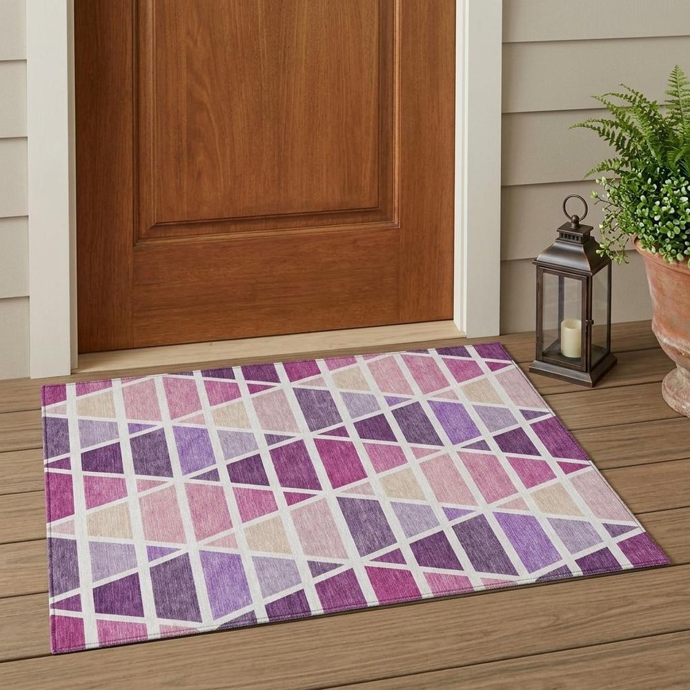 3' X 5' Pink And White Geometric Washable Indoor Outdoor Area Rug HomeRoots