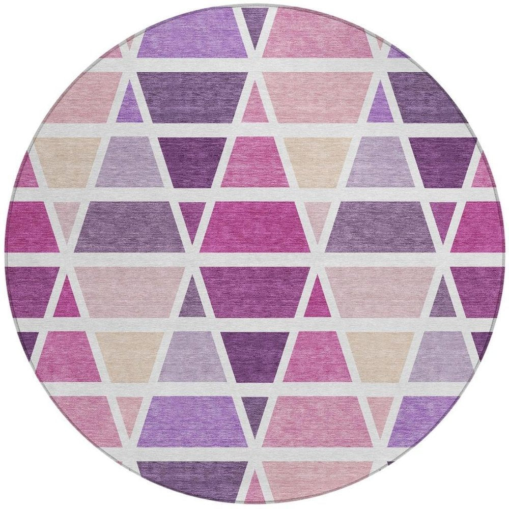 8' Pink And White Round Geometric Washable Indoor Outdoor Area Rug HomeRoots