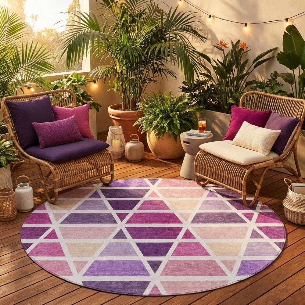 8' Pink And White Round Geometric Washable Indoor Outdoor Area Rug — view 7