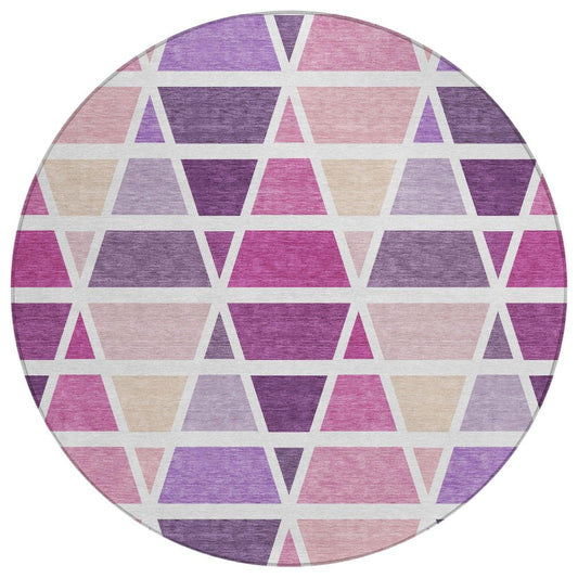 8' Pink And White Round Geometric Washable Indoor Outdoor Area Rug