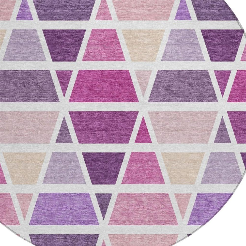 8' Pink And White Round Geometric Washable Indoor Outdoor Area Rug