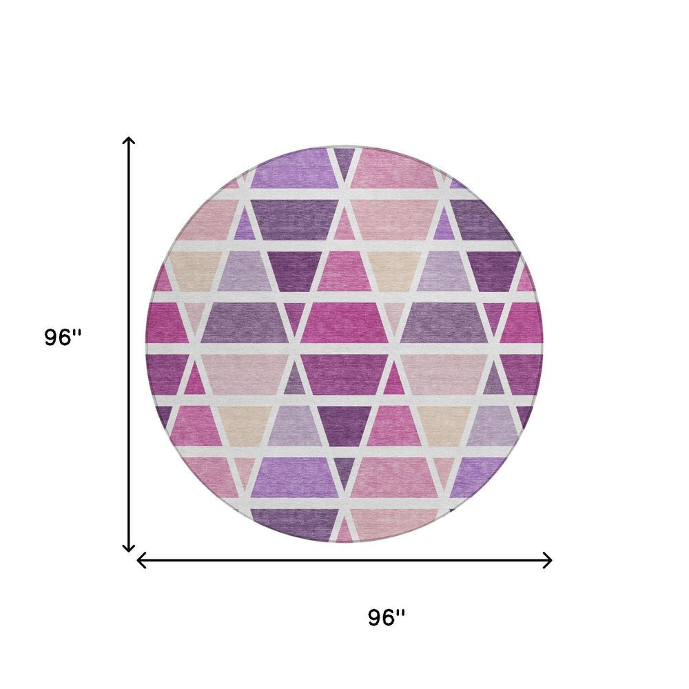 8' Pink And White Round Geometric Washable Indoor Outdoor Area Rug — view 4
