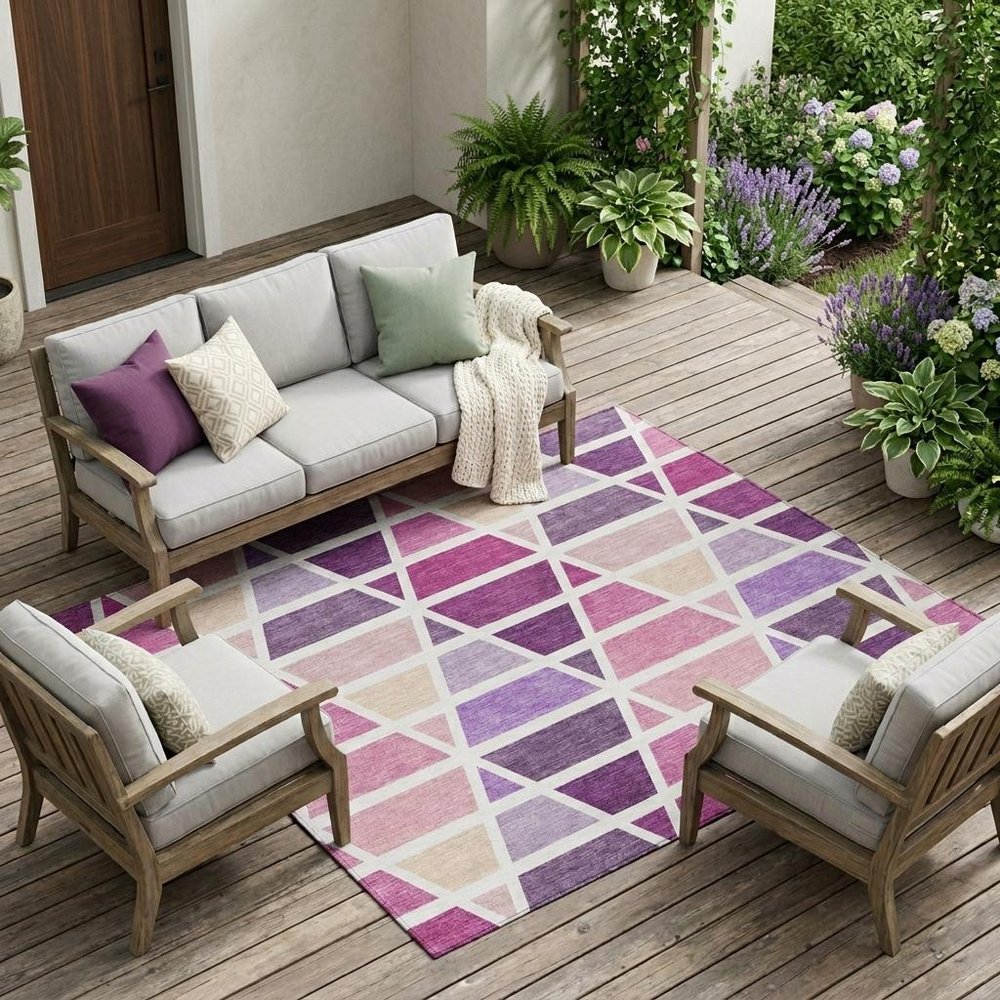 8' X 10' Pink And White Geometric Washable Indoor Outdoor Area Rug HomeRoots