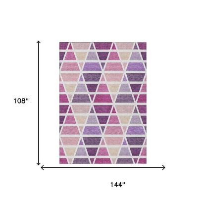 9' X 12' Pink And White Geometric Washable Indoor Outdoor Area Rug