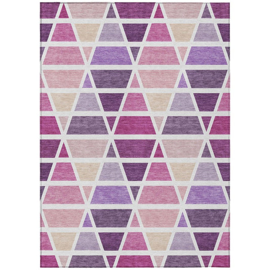 9' X 12' Pink And White Geometric Washable Indoor Outdoor Area Rug