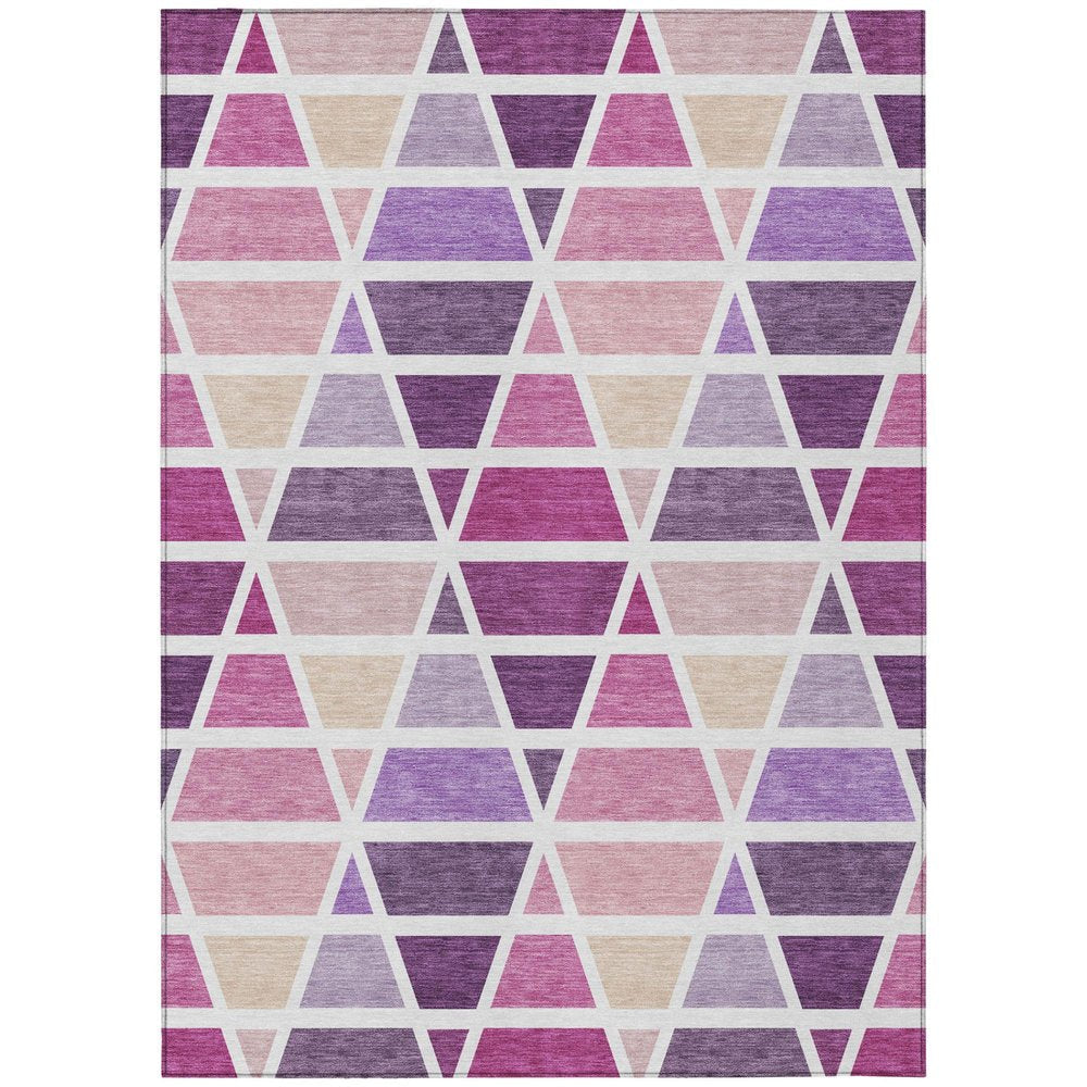 9' X 12' Pink And White Geometric Washable Indoor Outdoor Area Rug