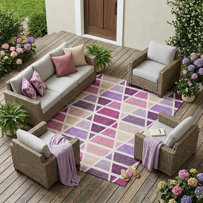 9' X 12' Pink And White Geometric Washable Indoor Outdoor Area Rug