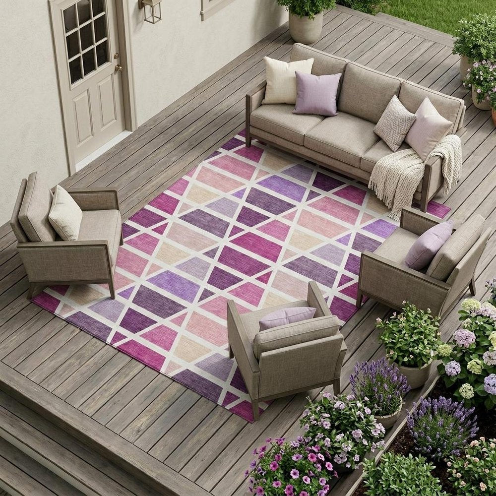 10' X 14' Pink And White Geometric Washable Indoor Outdoor Area Rug HomeRoots