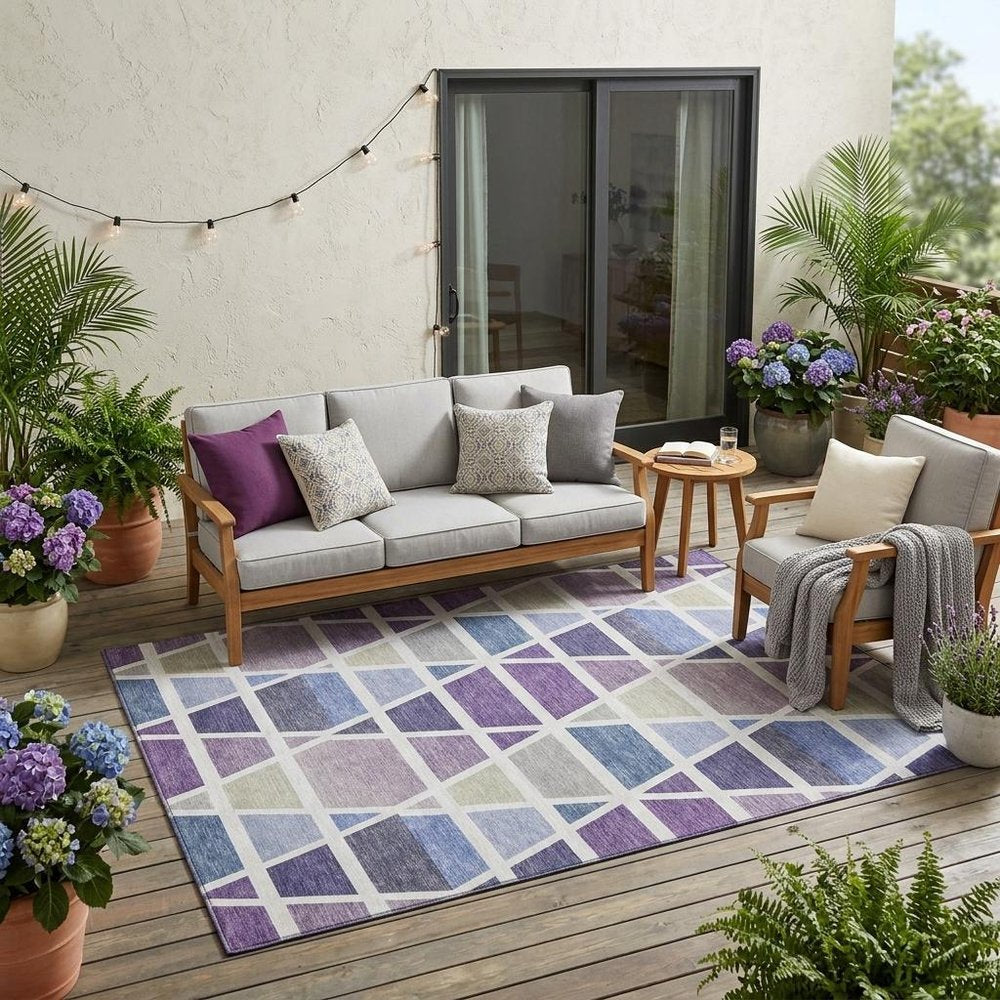 5' X 8' Plum And Purple Geometric Washable Indoor Outdoor Area Rug — view 5