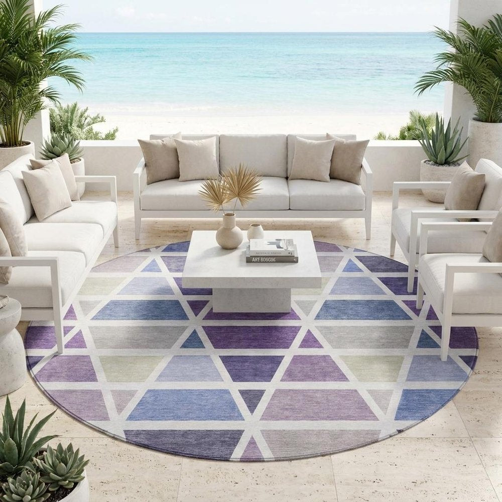 8' Plum And Purple Round Geometric Washable Indoor Outdoor Area Rug — view 7