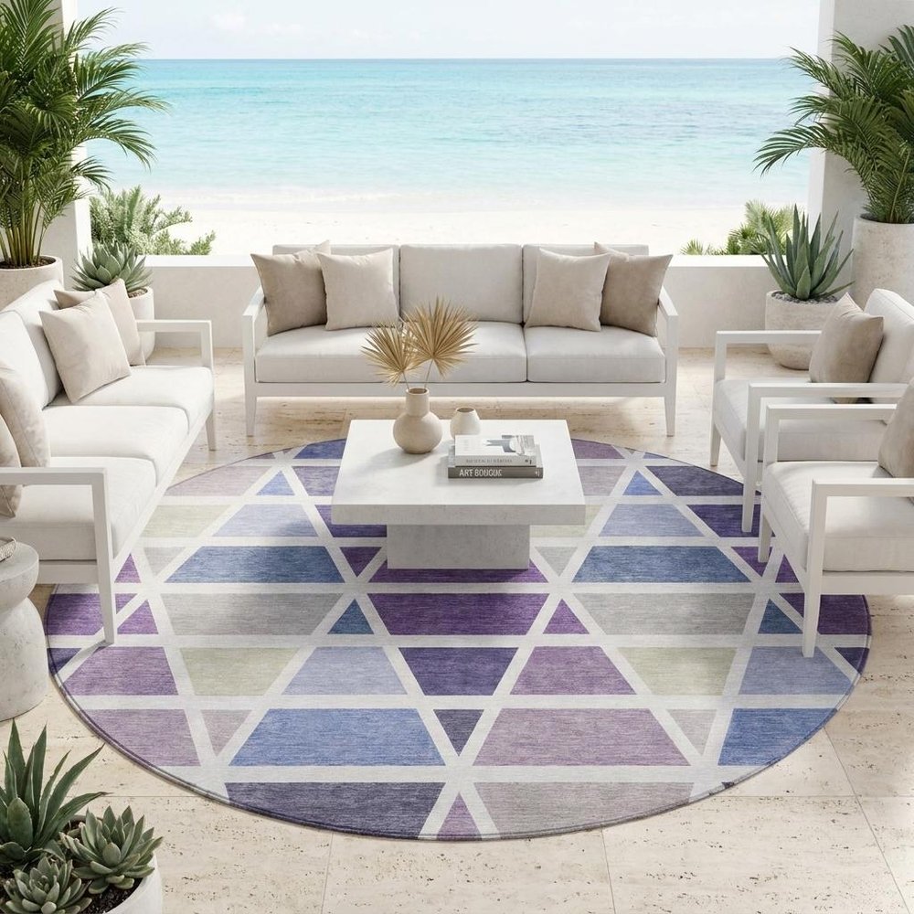 8' Plum And Purple Round Geometric Washable Indoor Outdoor Area Rug — view 8