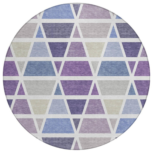 8' Plum And Purple Round Geometric Washable Indoor Outdoor Area Rug