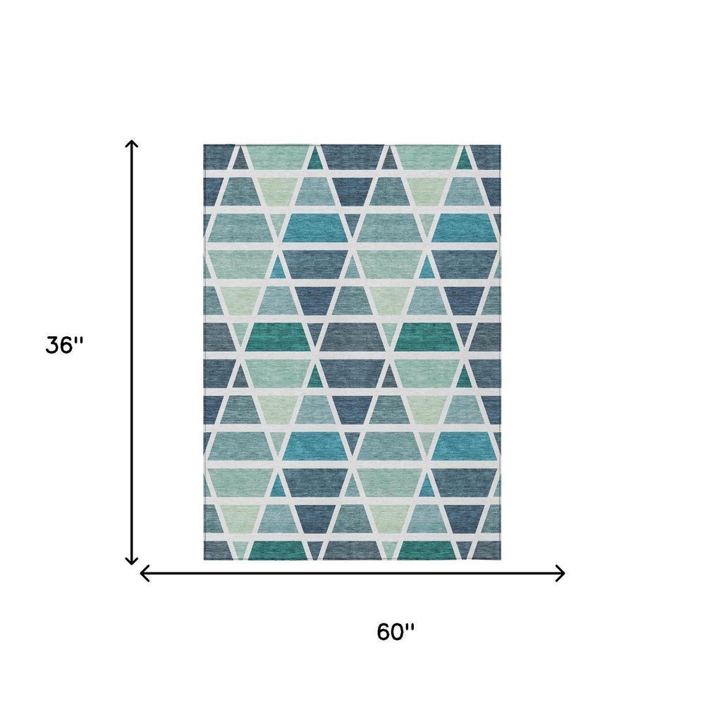 3' X 5' Teal Blue And White Geometric Washable Indoor Outdoor Area Rug — view 11