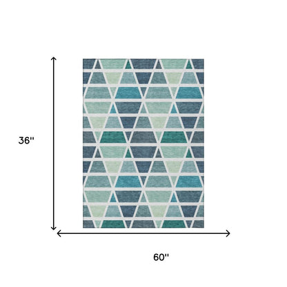 3' X 5' Teal Blue And White Geometric Washable Indoor Outdoor Area Rug HomeRoots