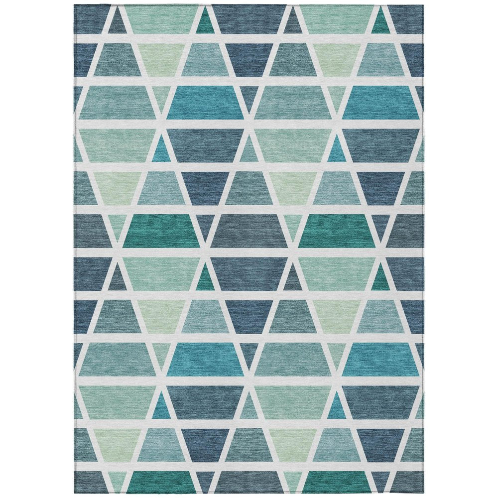 3' X 5' Teal Blue And White Geometric Washable Indoor Outdoor Area Rug — view 1