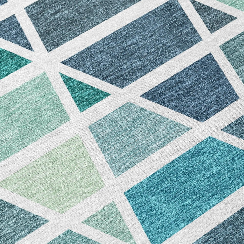 3' X 5' Teal Blue And White Geometric Washable Indoor Outdoor Area Rug — view 10