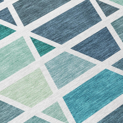 3' X 5' Teal Blue And White Geometric Washable Indoor Outdoor Area Rug HomeRoots