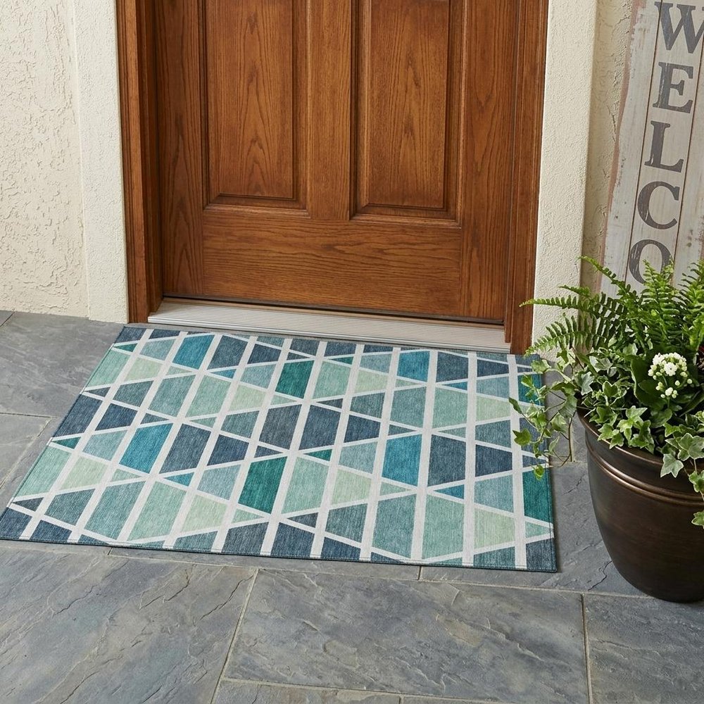 3' X 5' Teal Blue And White Geometric Washable Indoor Outdoor Area Rug — view 5