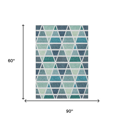 5' X 8' Teal Blue And White Geometric Washable Indoor Outdoor Area Rug HomeRoots