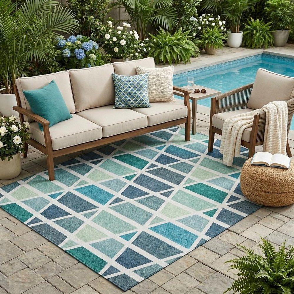 5' X 8' Teal Blue And White Geometric Washable Indoor Outdoor Area Rug — view 5