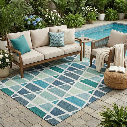 5' X 8' Teal Blue And White Geometric Washable Indoor Outdoor Area Rug HomeRoots