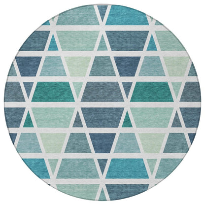 8' Teal Blue And White Round Geometric Washable Indoor Outdoor Area Rug HomeRoots