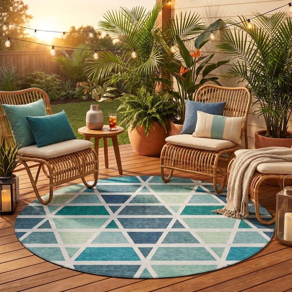 8' Teal Blue And White Round Geometric Washable Indoor Outdoor Area Rug — view 7