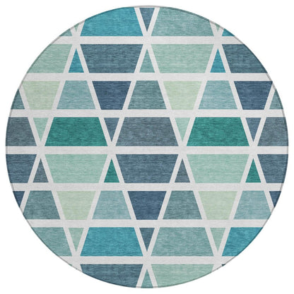 8' Teal Blue And White Round Geometric Washable Indoor Outdoor Area Rug