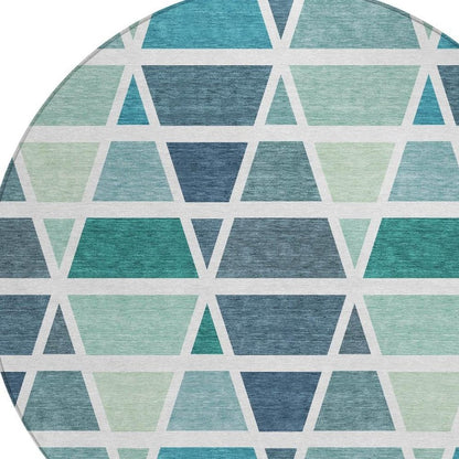 8' Teal Blue And White Round Geometric Washable Indoor Outdoor Area Rug HomeRoots