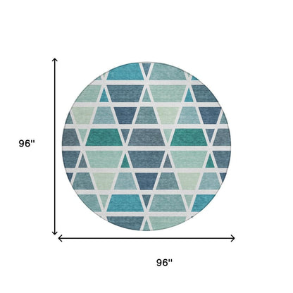 8' Teal Blue And White Round Geometric Washable Indoor Outdoor Area Rug