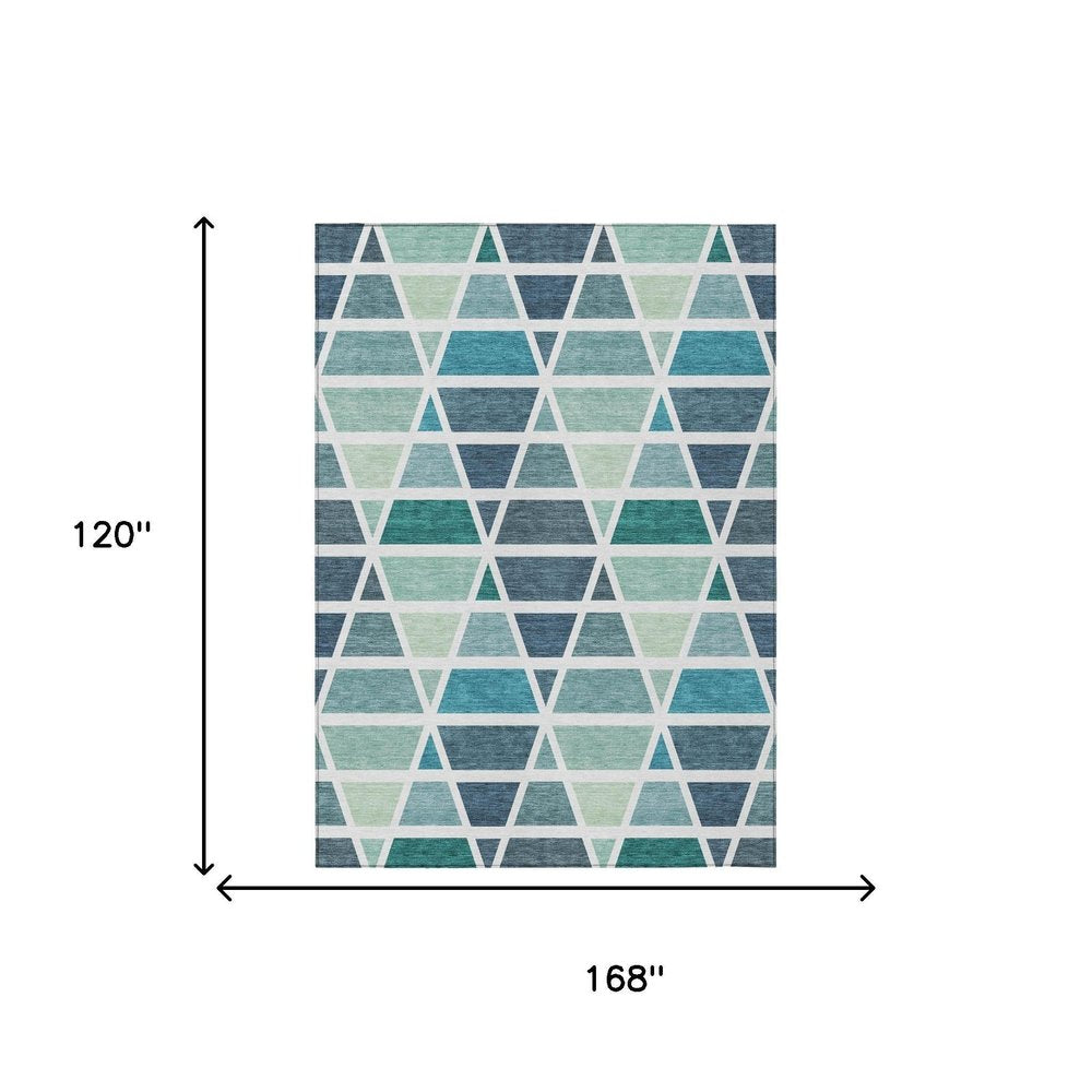 10' X 14' Teal Blue And White Geometric Washable Indoor Outdoor Area Rug — view 4