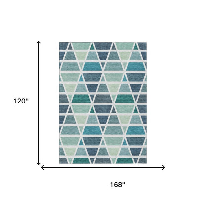 10' X 14' Teal Blue And White Geometric Washable Indoor Outdoor Area Rug HomeRoots