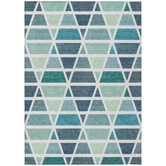 10' X 14' Teal Blue And White Geometric Washable Indoor Outdoor Area Rug