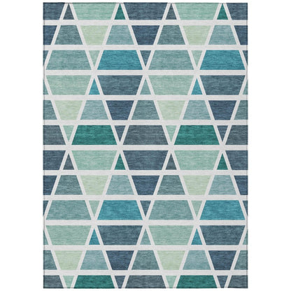 10' X 14' Teal Blue And White Geometric Washable Indoor Outdoor Area Rug