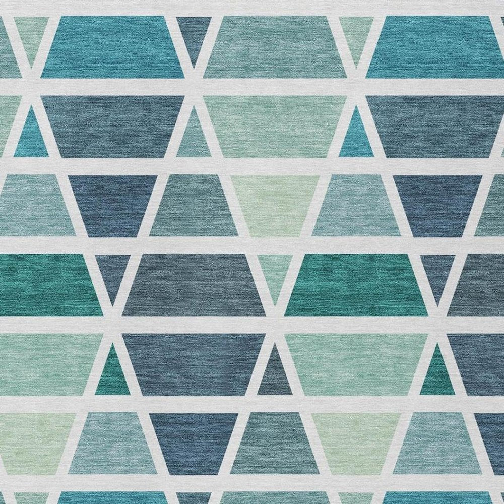 10' X 14' Teal Blue And White Geometric Washable Indoor Outdoor Area Rug